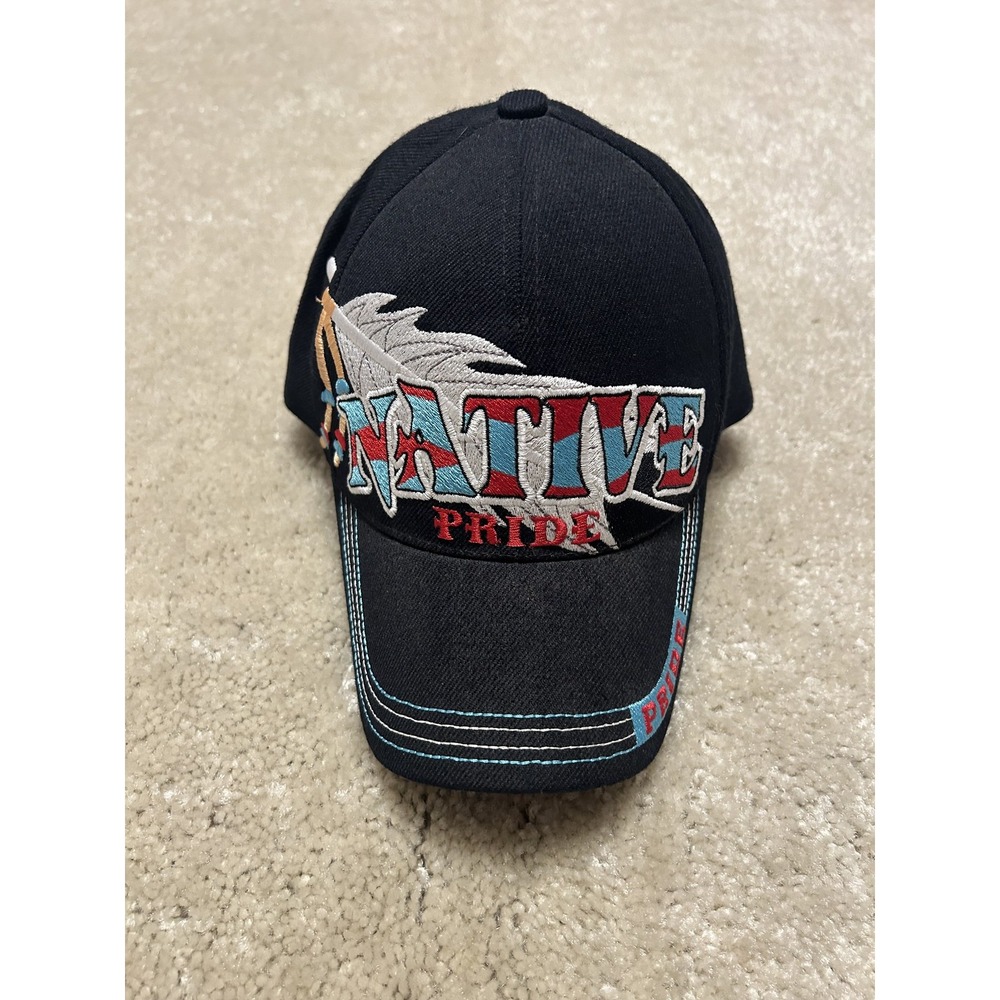 Native Pride Hat Cap Strap Back Black Embroidered Feather Mens USA Adjustable